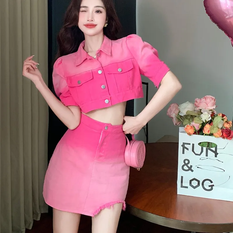 

Newest Women Summer Pink Denim Suit 2022 Fashion Designer Turn Down Collar Sexy Crop Tops + Bodycon Mini Skirt Two Piece Set