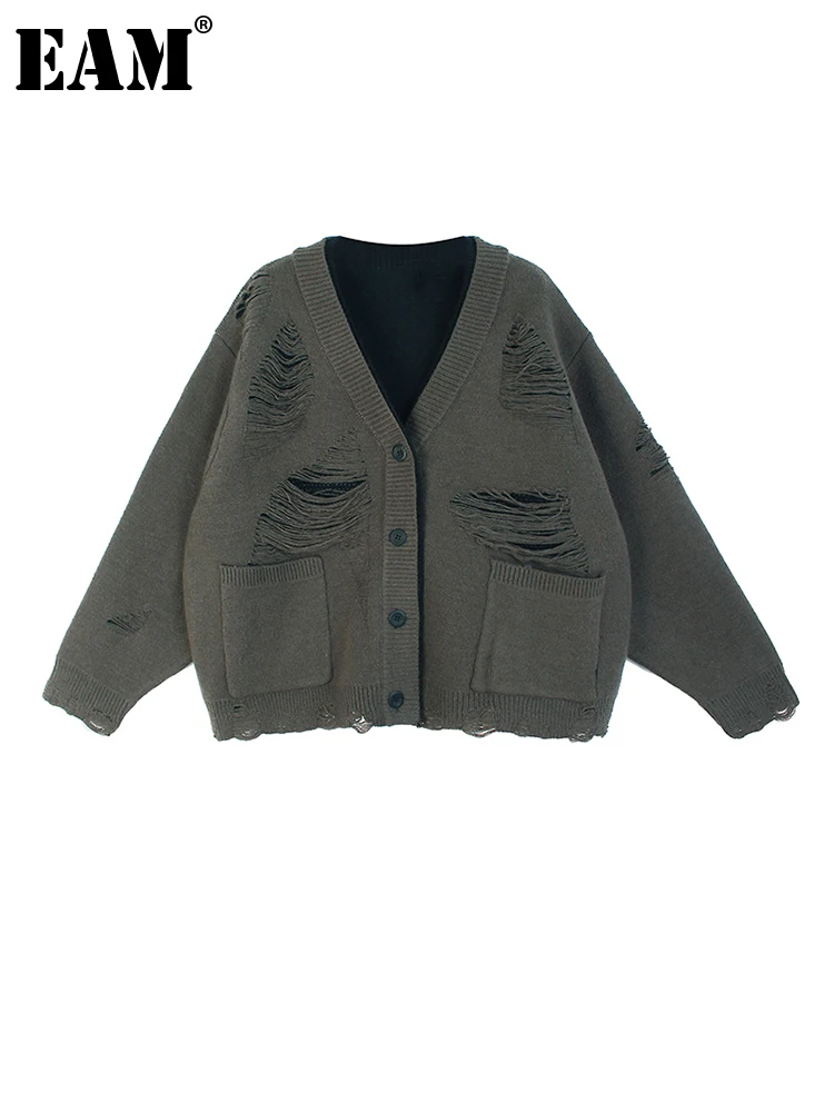 

[EAM] Holes Big Size Knitting Cardigan Sweater Loose Fit V-Neck Long Sleeve Women New Fashion Tide Autumn Winter 2023 1DF2007