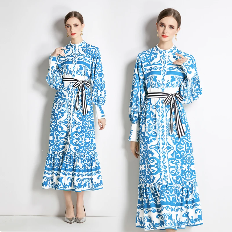 

Women's Autumn New High-end Temperament Bohemian Chic Stand Collar Long Sleeve Printed Single Breasted Lace Up Long Dress