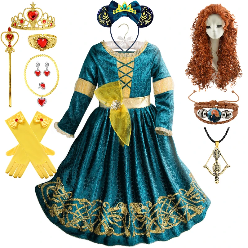 Winter Long Sleeve Fantasia Merida Princess Gothic Dress with Wig Kids Disguise Halloween Child  Lolita Girl Carnival Costume