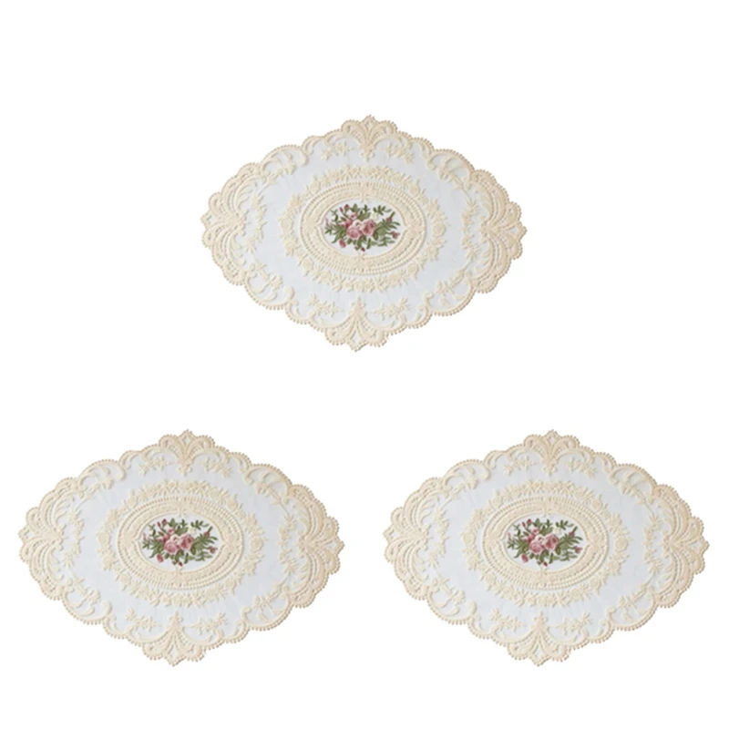

3X European Oval Embroidered Lace Fabric Transparent Placemat Coaster Coffee Table Mat Furniture Cover Cloth Beige