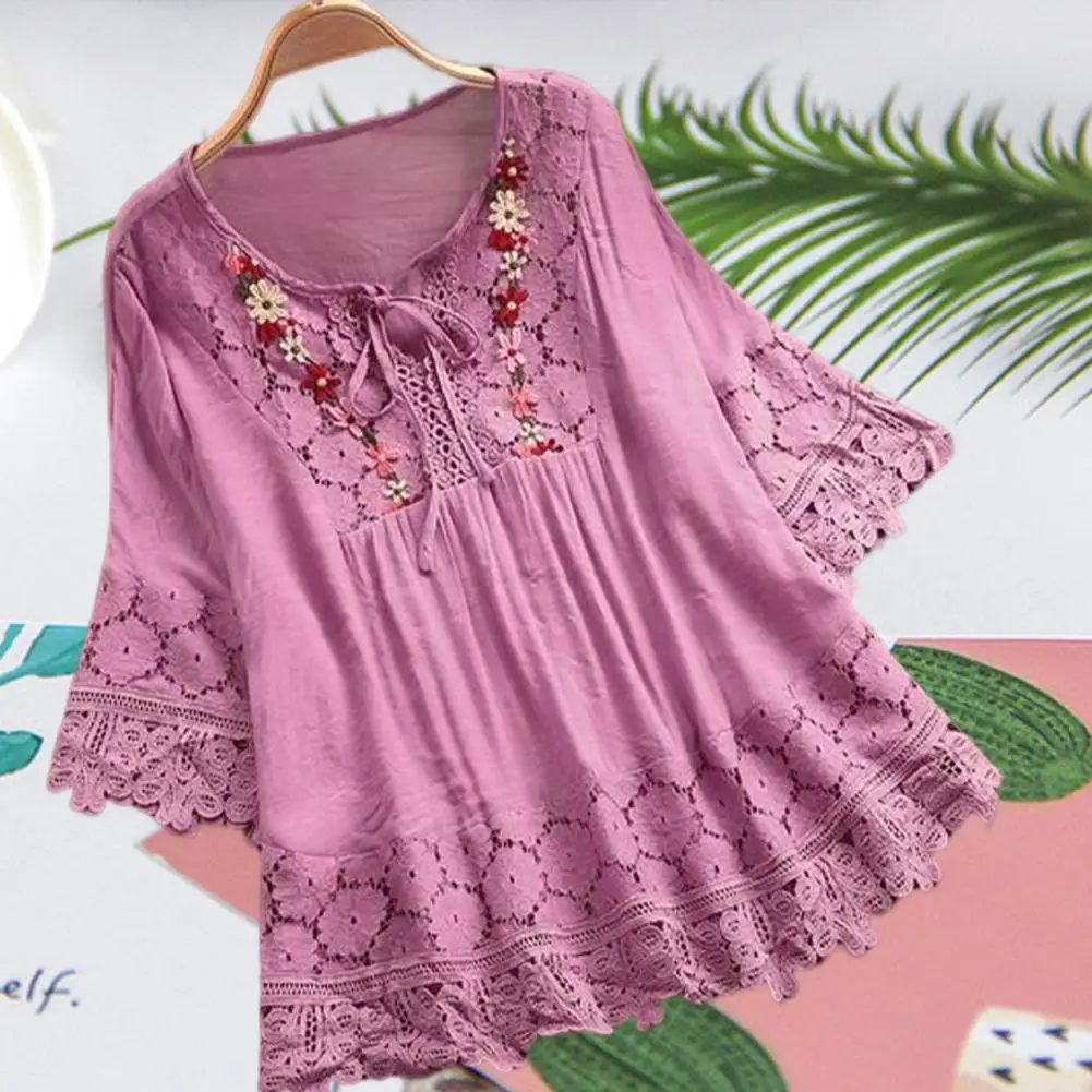 

Casual Shirt Shrink Resistant Summer Shirt Solid Color Vintage Lace Patchwork Embroidery Flower Decor Blouse 3/4 Sleeves
