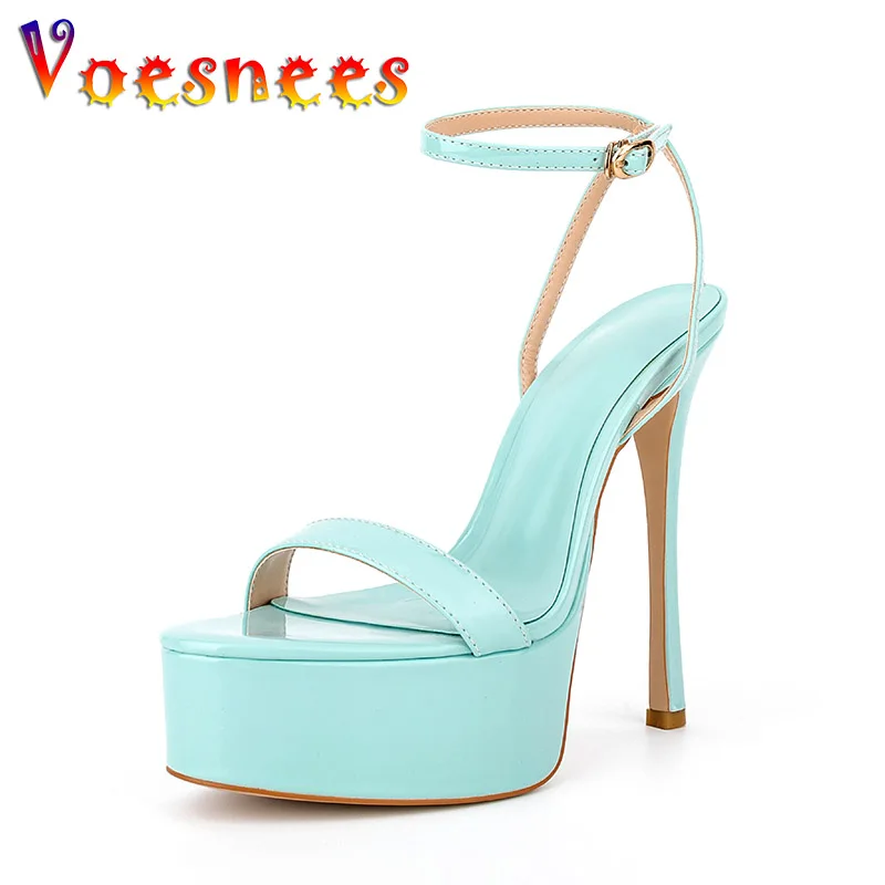 Summer New Thin Band Sandals Women Pure Color Buckle Stiletto Pumps 14CM Outdoors High Heels Fashion Evening Party Dress Shoes