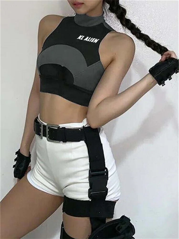 

2023 New Y2K Cool Hip Hop Jogger Summer Women Sexy Club High neck Stretch Bandeau Front Hollow Hole Crop Top Sport Cami Vest Top