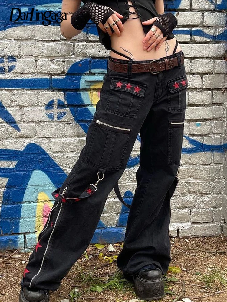

Darlingaga Streetwear Gothic Grunge Star Print Low Rise Jeans Punk Vintage Cargos Zipper Denim Trousers Dark Academia Ribbon Y2K