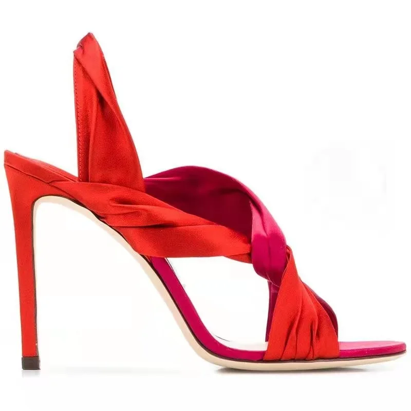 

Сандалии женские на высоком каблуке, босоножки с круглым носком, перекрестными ремешками, эластичная ткань, атлас, лакированная кожа, лето