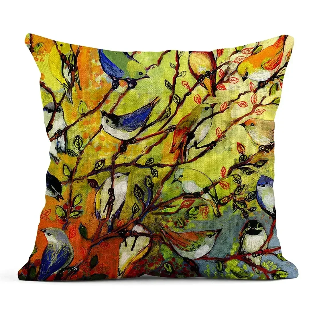 Льняная наволочка с рисунком птиц и деревьев 40*40 декоративный чехол для дивана в