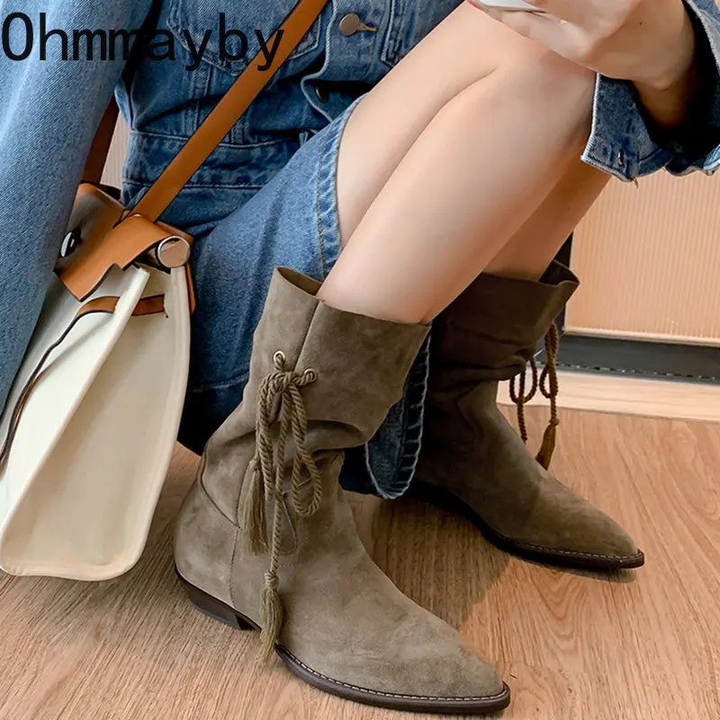

Winter Retro Folds Mid Calf Boots Women Comfy Walking Low Heel Female Slip On Winter New Western Cowboy Long Botas