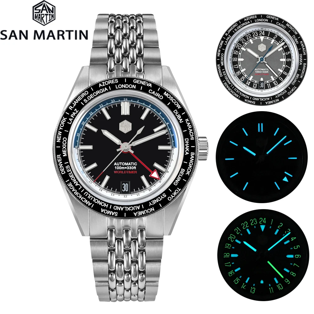 

San Martin 39.5mm SN0116 Men Watch GMT Japan NH34 Automatic Mechanical 24 Clicks Ceramic Bezel Travelers Watch with Date reloj