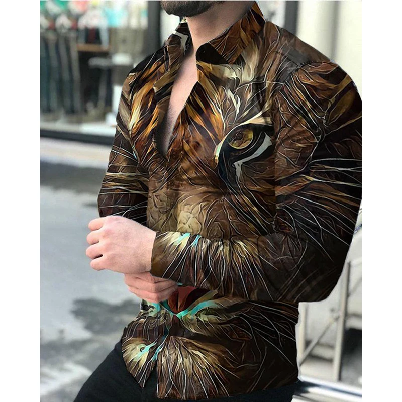 

Рубашка мужская с отложным воротником, модная повседневная кофта на пуговицах, Топ с длинным рукавом и принтом льва, уличная одежда, осень