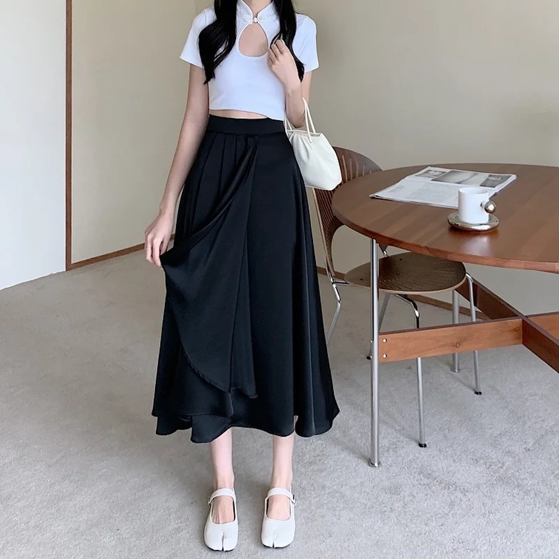 

Real Shot Summer Korean Version 2022 New Fashion All-match Temperament Drape High Waist Irregular Smooth Satin Skirt