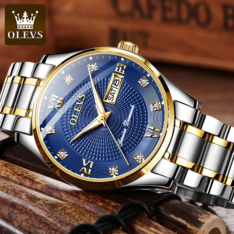 OLEVS Luxury Diamond Stainless Steel Waterproof Watches 2022 New Fashion Men Mechanical Watch Luminous Weekly Calendar Display
