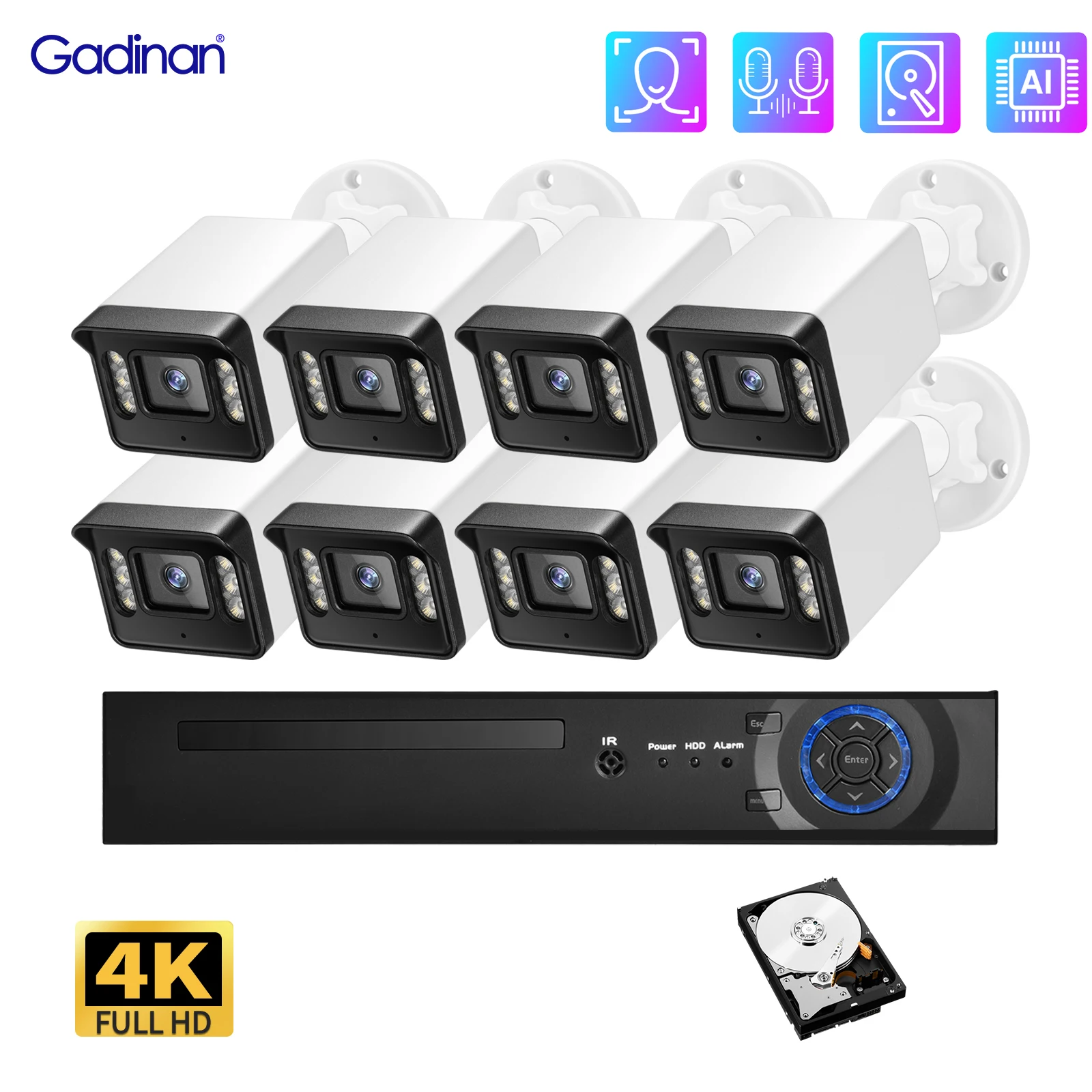 

Gadinan 8CH 4K POE Security Protection Face Detection 8MP NVR Bidirectional Audio CCTV Outdoor IP Camera H.265 Monitoring Kit