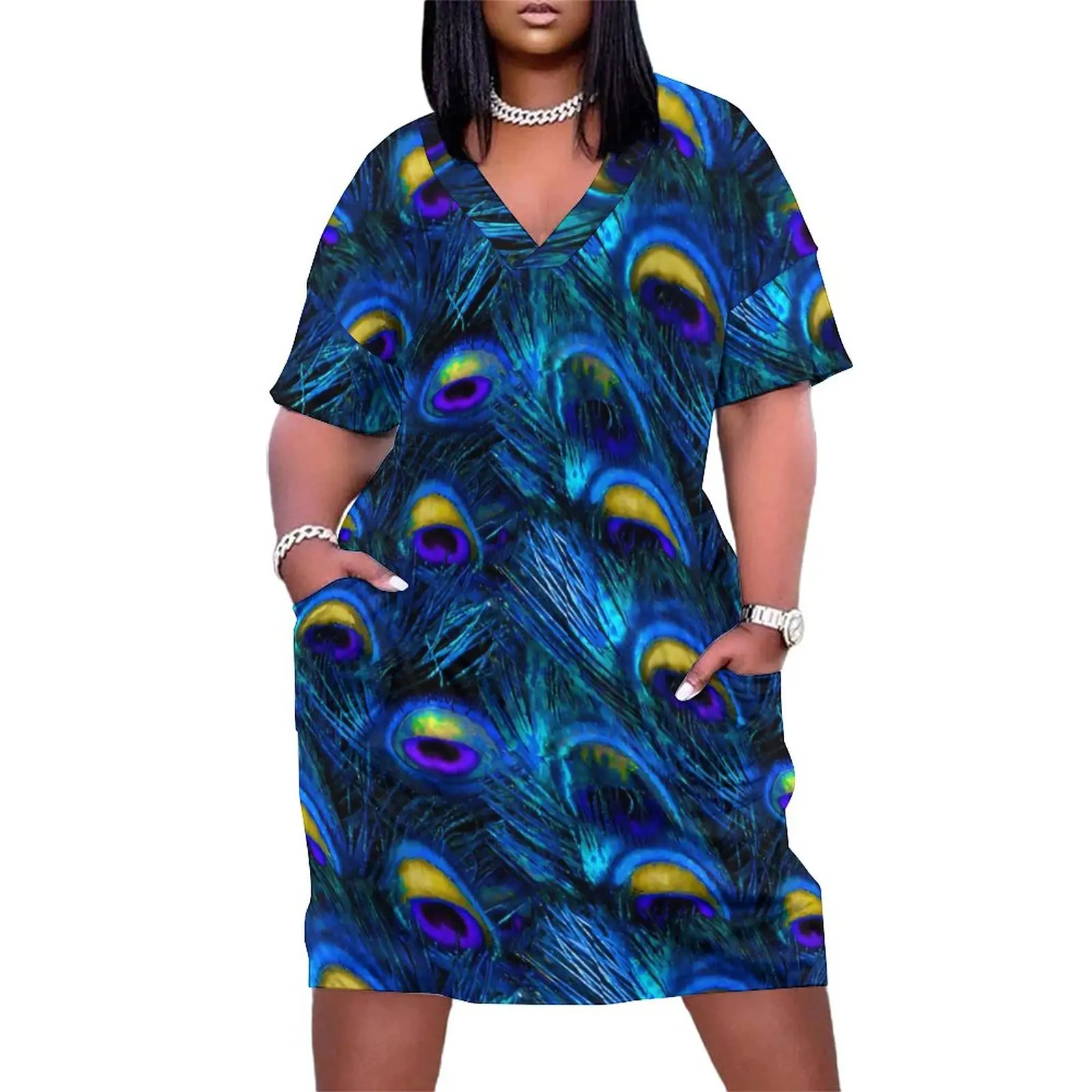 

Peacock Feather Dress Short Sleeve Animal Print Modern Dresses Ladies Street Fashion Design Casual Dress With Pockets Big Size