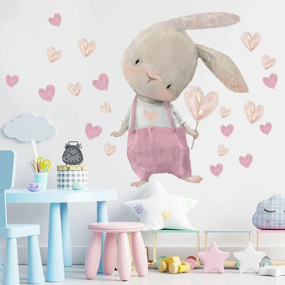 

Cute Bunny Hearts Wall Stickers for Children Kids Rooms Girls Baby Room Decoration Nursery Kawaii Cartoon Rabbit Wallpaper Vinyl