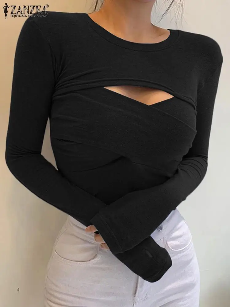 

2022 Fashion Sexy Hollow Out Tops ZANZEA Party Solid Patchwork T-Shirts Holiday Casual O Neck Blusas Women Spring Bodycon Tees