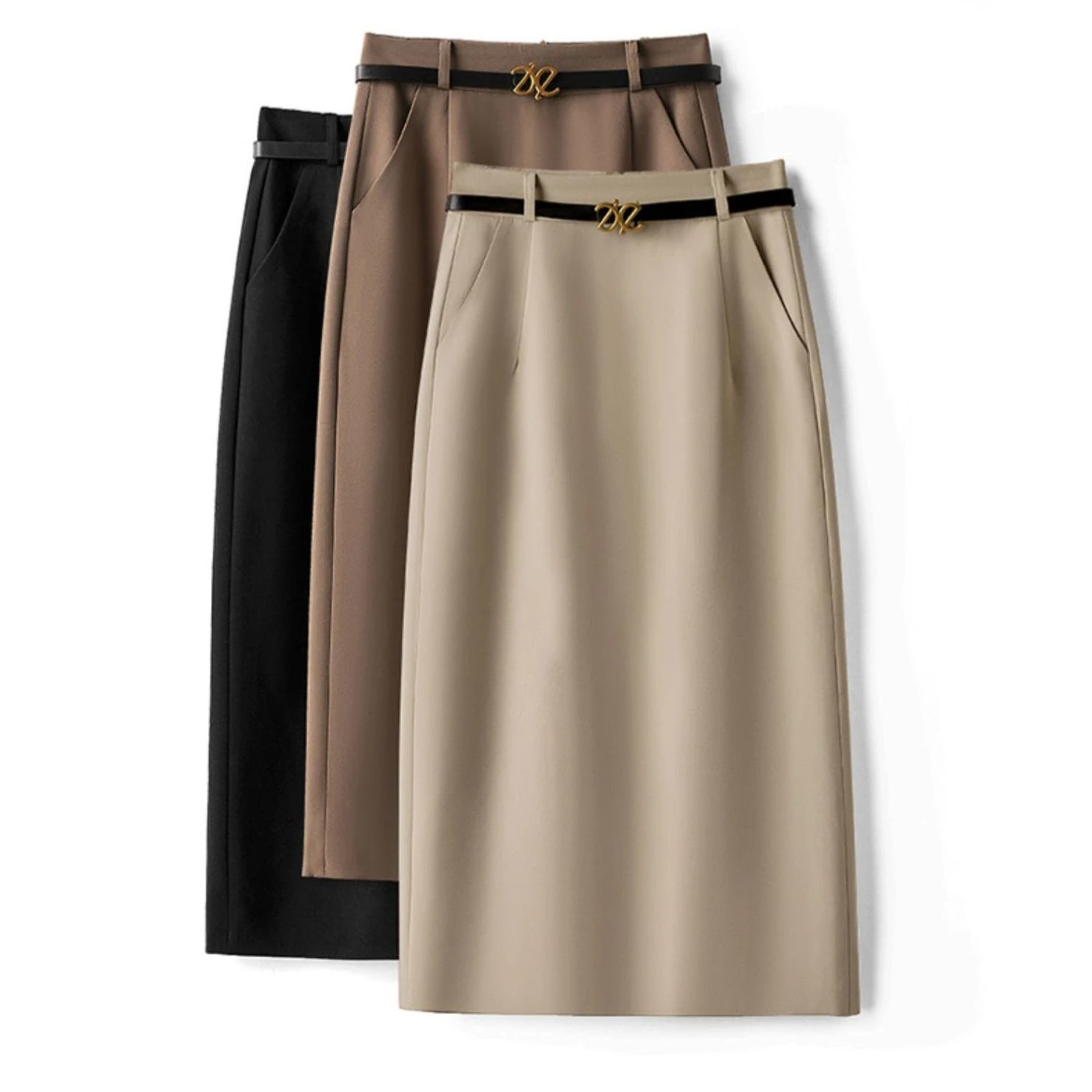 

2023 Women Autumn Winter Fashion Mid Long Solid Color Skirts Female High Waist Pockets Ladies New Slim Package Hip Skirts N74
