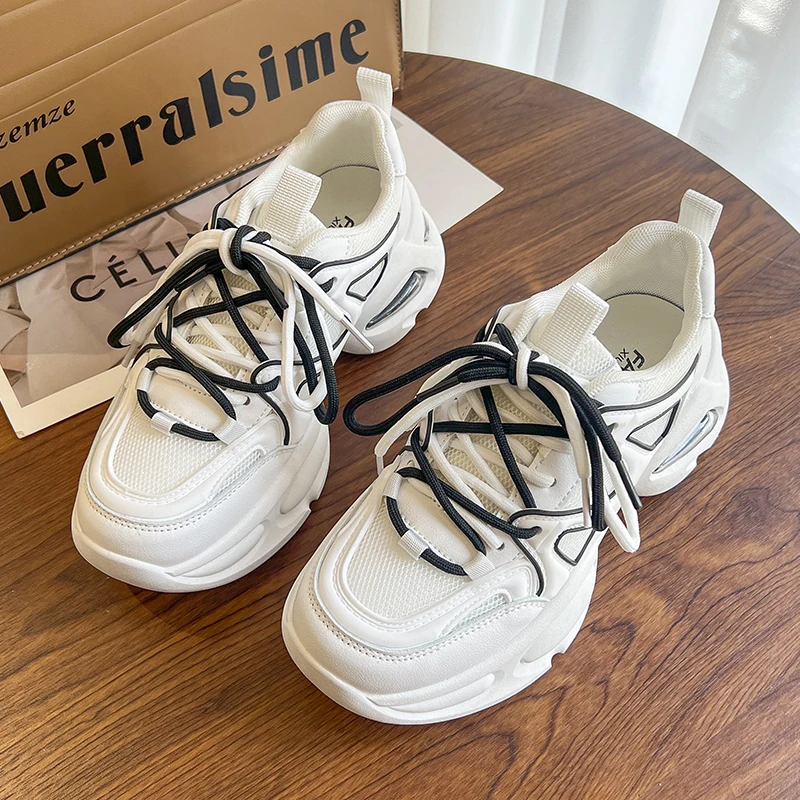 Women's 2023 Flat Platform Sneakers Leather Non-Slip Thick Soled Running Trainers Shoes Women's Sports Daddy Shoes Tennis Female