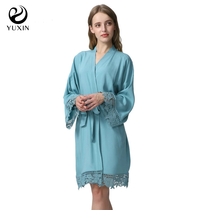 Lace Robe Wedding robe New purple Rayon Cotton Bridesmaid Robes With Lace Trim Women Wedding Bridal Robe  Kimono bride robes