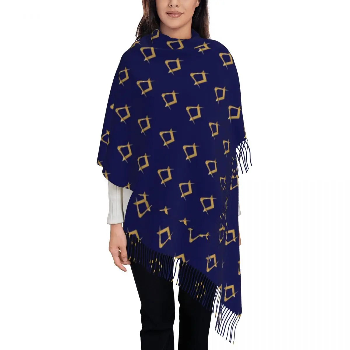 

Womens Scarf with Tassel Compass Masonic Long Winter Warm Shawl and Wrap Freemason Gold Blue Square Daily Wear Cashmere Scarf