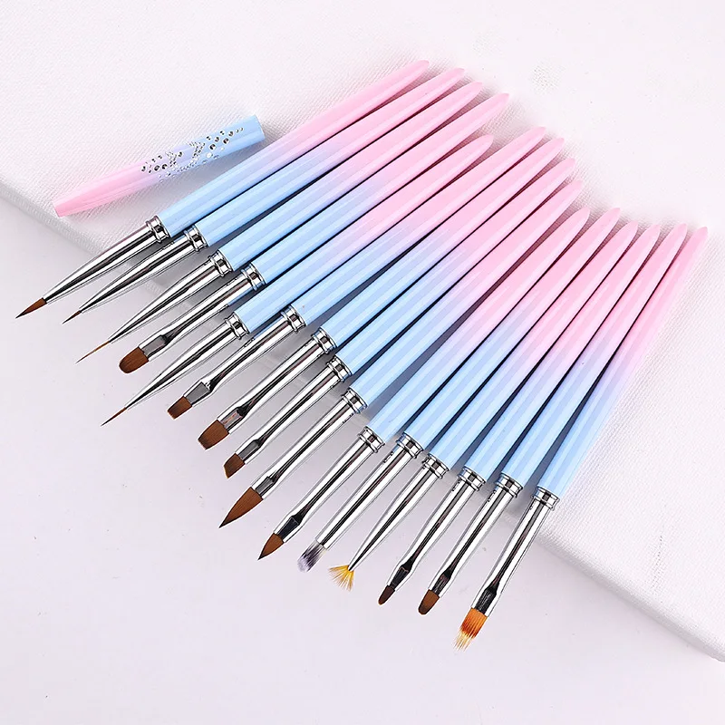 

15pcs Nail Brush Set Gradual Pink Drawing Line Pen Halo Light Therapy Painting Pen Metal Tube Manicure Tool Nail Accessories