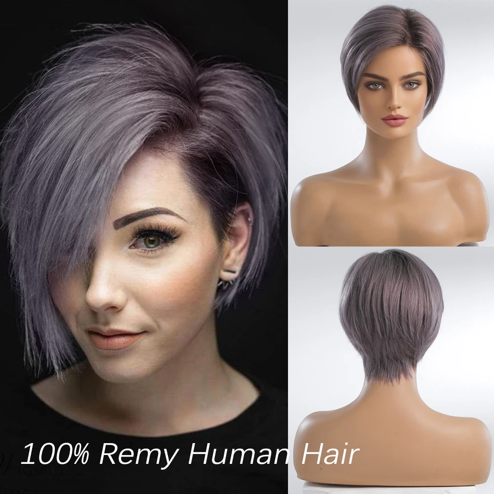 HAIRCUBE 13×5×1 Lace Front Wigs Short Pixie Cut Human Hair Wig Light Purple Steel Grey Remy Hair Side Part Lace Wigs for Women
