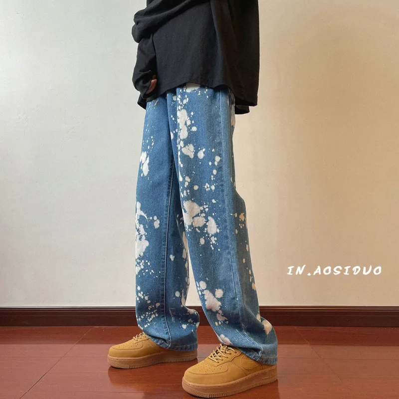 Blue/Black Baggy Jeans Men Fashion Casual Straight Jeans Men Streetwear Hip Hop Loose Splattered Denim Pants Mens Trousers S-2XL