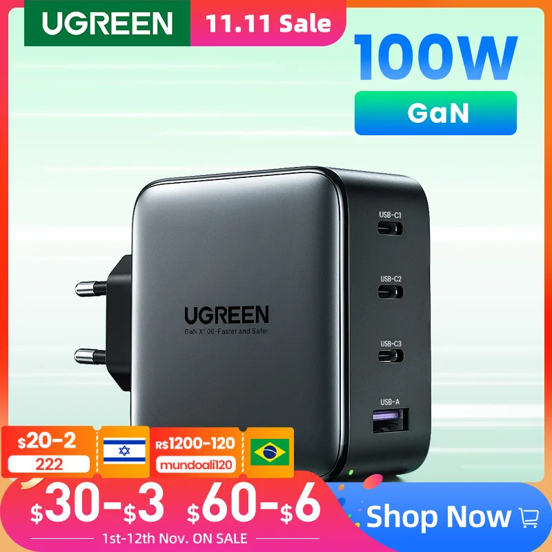 

Зарядное устройство UGREEN GaN, 100 Вт, USB C PD, быстрая зарядка QC4.0 3,0, быстрая зарядка, портативное зарядное устройство для телефона, для iPhone 13, Macbook, н...