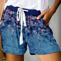 fashion loose shorts women elastic waistband pockets summer shorts wide leg floral print drawstring loose shorts streetwear