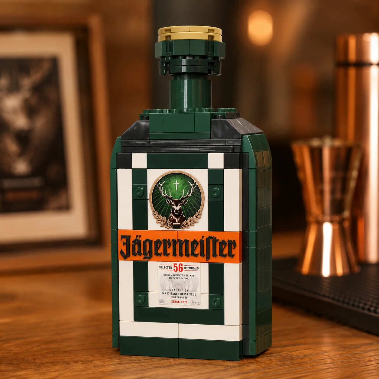 Фото Модель-конструктор бутылки ликера Jagermeister, декор для домашнего бара, коллекционные кирпичики №4