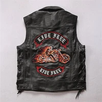 mens spring and autumn hot selling leather punk motorcycle vest flame rider first layer cowhide sleeveless v neck vest jacket