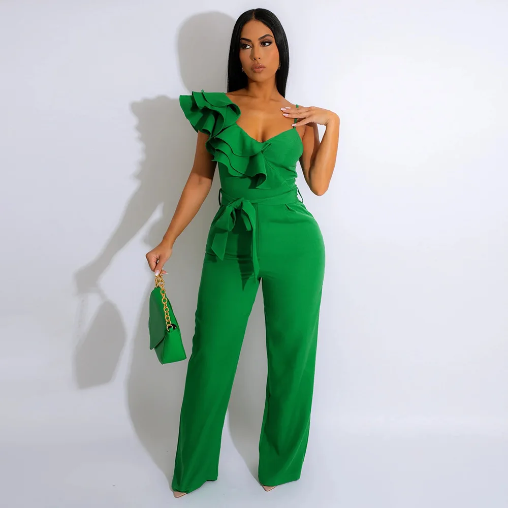 

Women Elegant Cascading Ruffles Shoulder V-neck Sleeveless Sashes High Waist Jumpsuit Chic Sexy Party Romper
