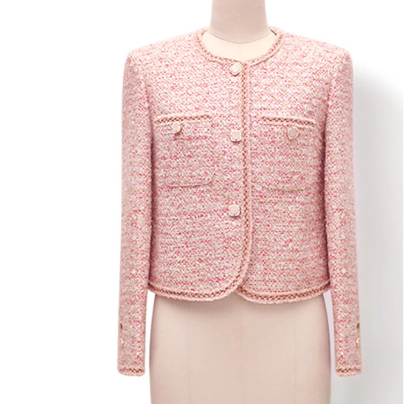 Women Spring/autumn/winter Pink Small Fragrant Sweet Temperament Tweed Classic Jacket Ladies Top Metal Buckle Basic Simple Coats