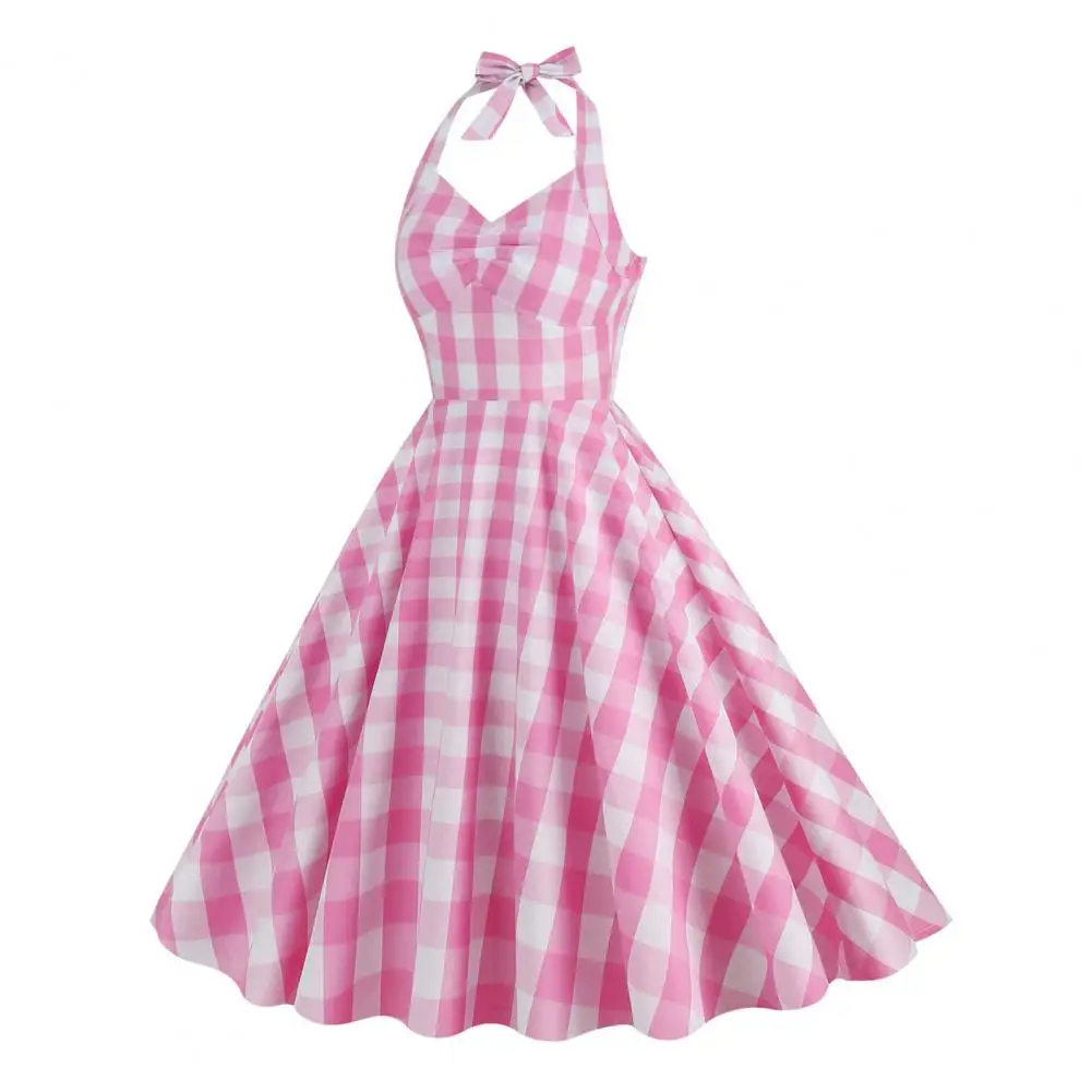 

Женское винтажное платье с бантом, розовое клетчатое ТРАПЕЦИЕВИДНОЕ ПЛАТЬЕ С Лямкой на шее и скрытой молнией, коктейльное платье с драпировкой качели