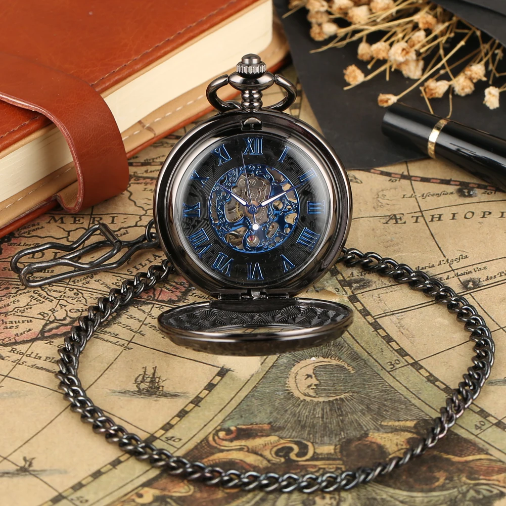 Blue Roman Numerals Dial Mechanical Pocket Watch Transparent Glass Retro Black Antique Pocket Clock with Pocket Chain