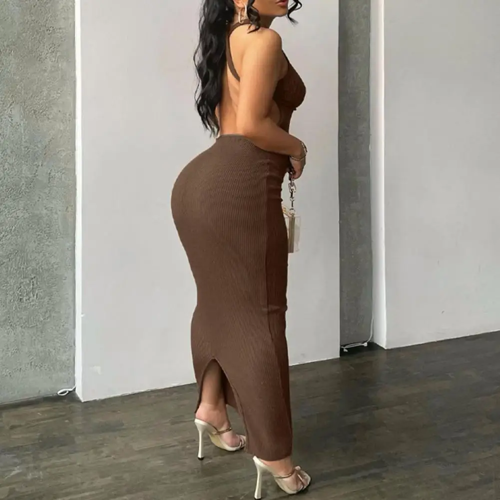 

Bodycon Dress Slim Fit Maxi Dress Knitted Halter Open Back Skinny Dress