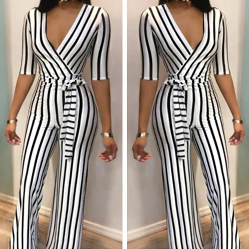 

Elegant High Waist Striped Sexy Rompers Womens Deep V Jumpsuit Half Sleeve Bow Casual Slim Jumpsuits Overalls Wide Leg Jumpsuits