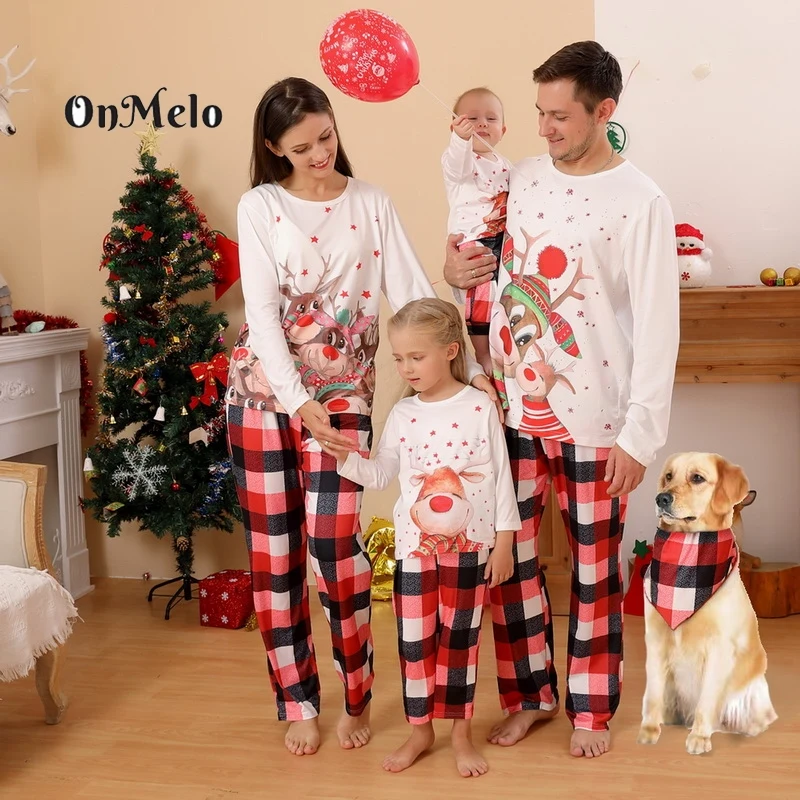 

Рождественская семейная одинаковая Пижама OnMelo, семейные одинаковые наряды, топ с принтом лося + клетчатые брюки, Рождественская Пижама, дет...