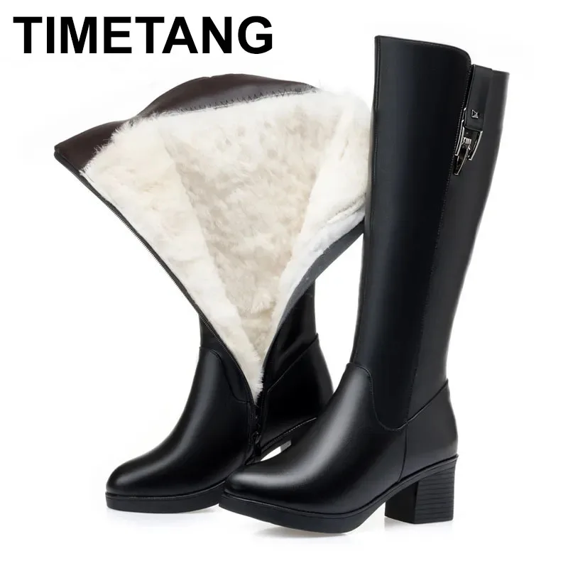 

Fashion Women Knee High Boots Winter High Heel Wool Warm Boots Female Comfort Genuine Leather Thick Heel Long Boots