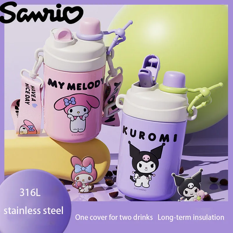 

520ml Sanrio Pachacco Kuromi Thermos Cup Sports Suspenders Sippy New Cartoon Cute Stainless Steel High Capacity Insulated Mug