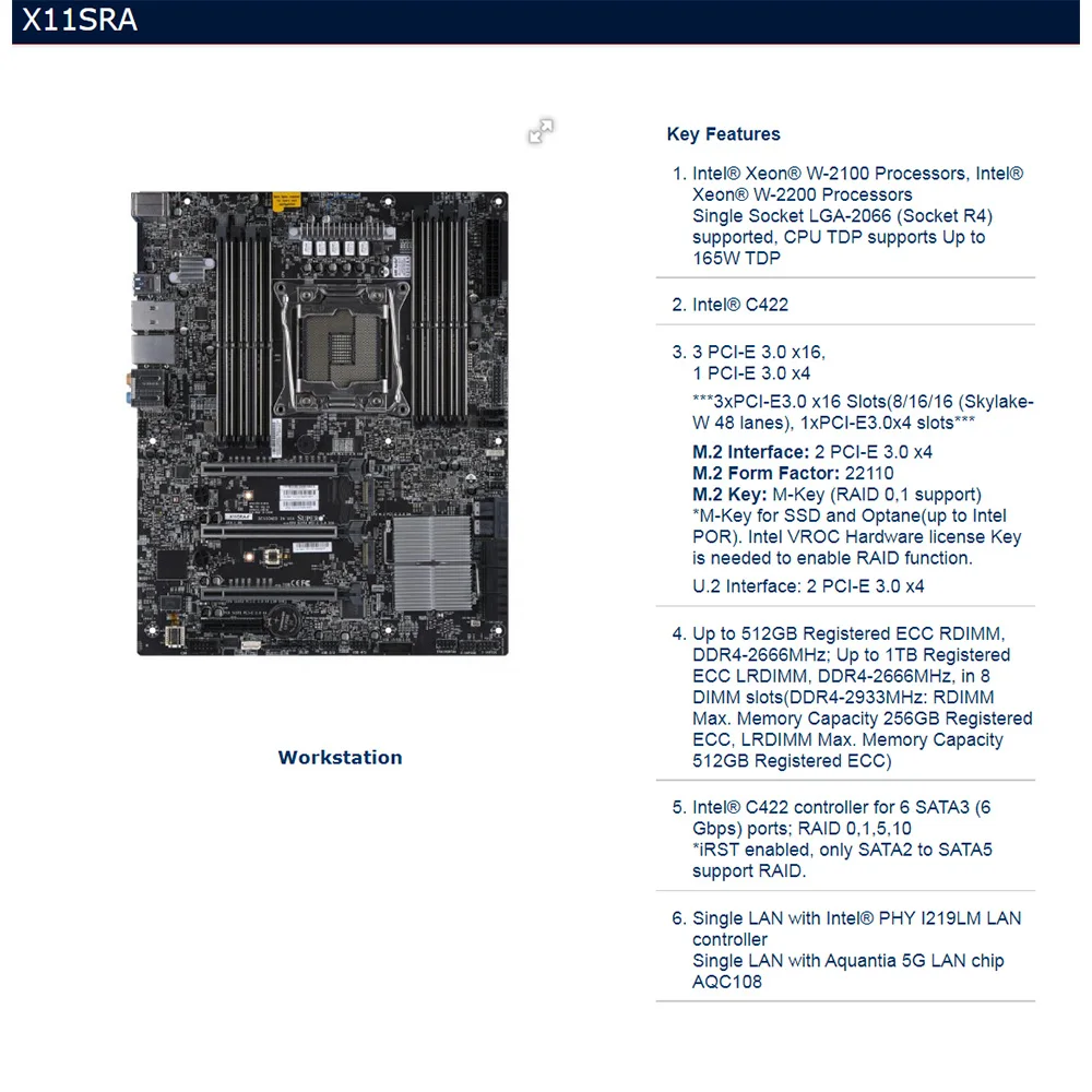 Материнская плата для Supermicro рабочей станции ATX, системная плата, Системная плата Intel C422, поддержка памяти DDR4, 2200 X11SRA