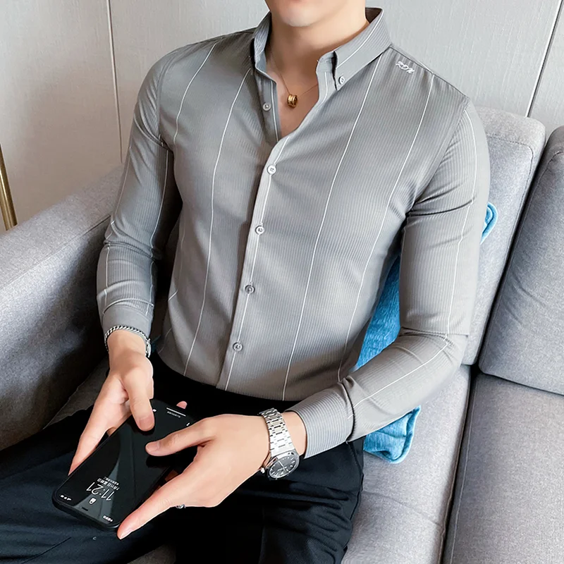 Striped Men's Shirts 2021 Autumn Embroidery Long Sleeve Casual England Business Shirt Slim Streetwear Social Party Male Clothing