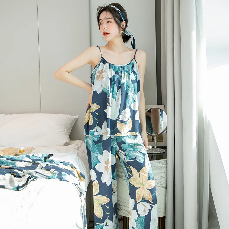 Summer Suspended Pajamas for Women Sexy Women Nightwear Cotton Silk Wide-leg Pants Sleepwear Set Thin Printing Women Pajama Sets