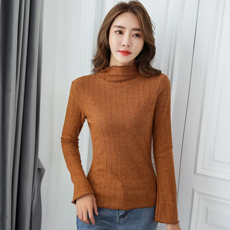 

#0541 Black Brown Bright Silk Long Sleeve T Shirt Women Half High Collar Casual Basic Skinny Fleece T Shirt Femme Warm Thick