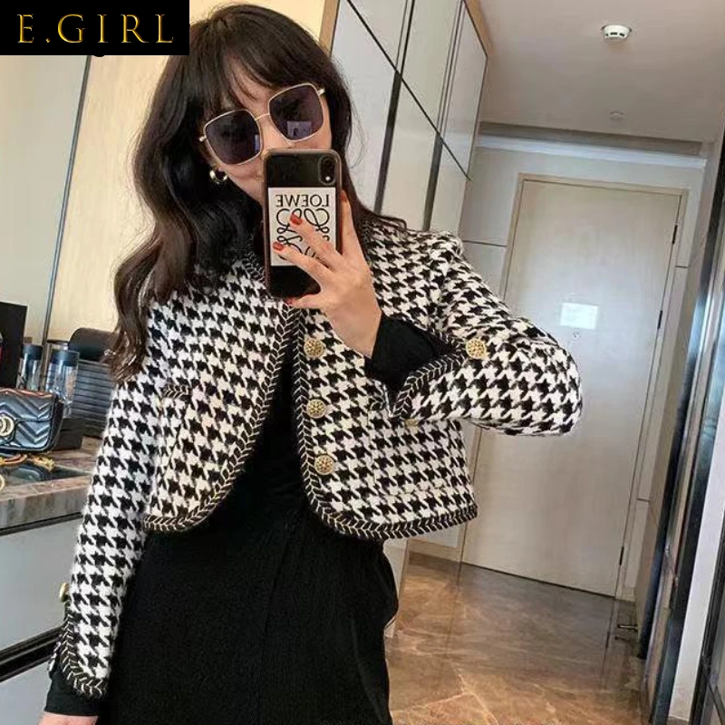 E GIRLS Basic Jackets Women Spring Autumn  Houndstooth Cropped Elegant Office Lady All-match Simple Comfortable Single Breasted