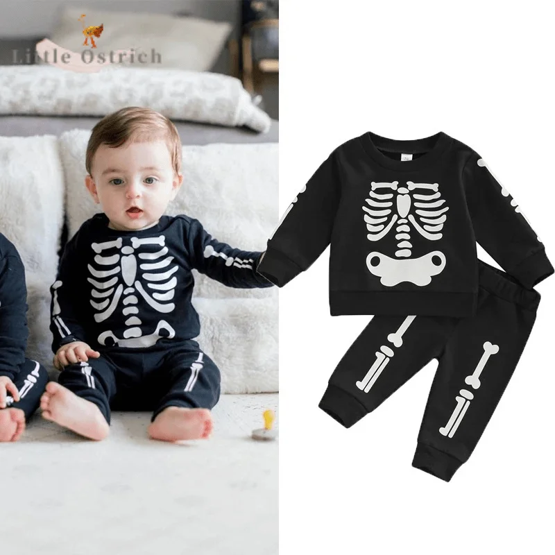 

Newborn Baby Boy Cotton Clothes Set Top+Pant Halloween Long Sleeve Child Clothing Suit Autumn Skeleton Hoodie Baby Clothes 9M-3Y