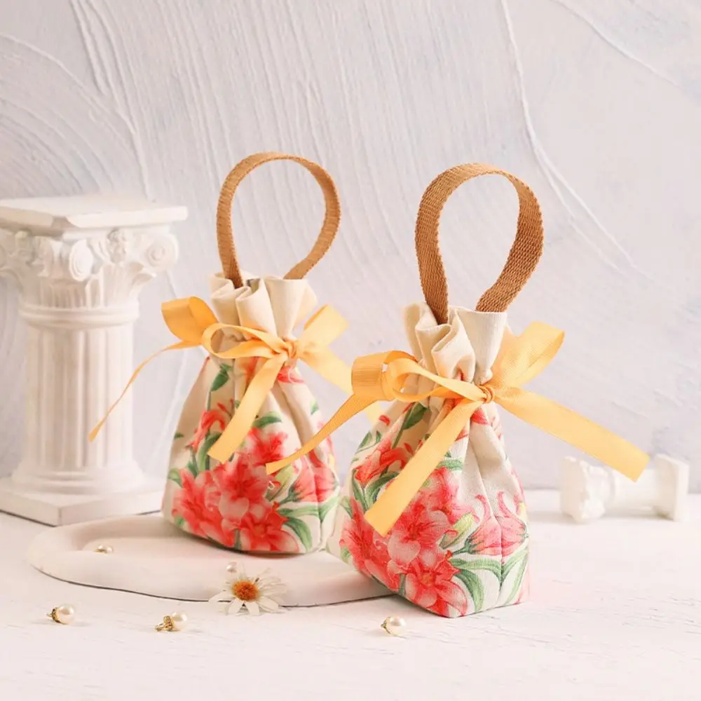 Сумка на шнурке с цветочным рисунком розы атласная Холщовая жемчужной подвеской