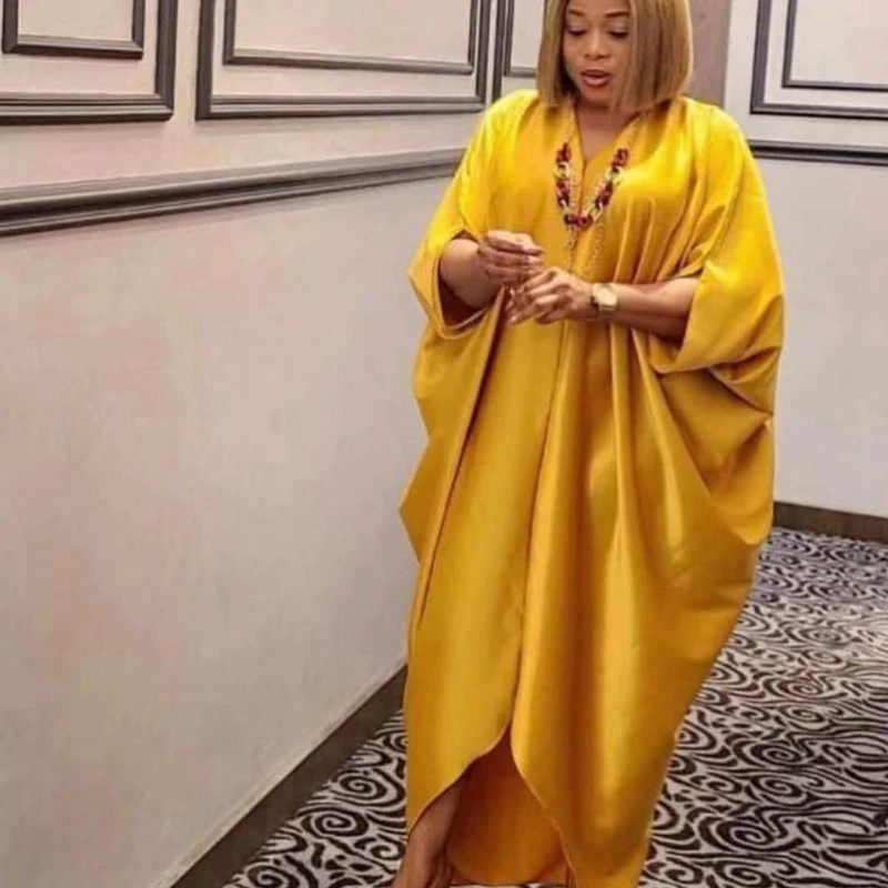 

2022 African Dresses for Women Summer Fashion Style African Women V-neck Solid Color Plus Size Long Dress African Clothes