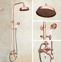 antique red copper brass dual ceramic handles bathroom 8 inch round rain shower faucet set bath tub mixer tap hand shower mrg534
