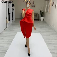 sevintage mermaid red short women party dress evening gowns draped knee length formal prom gowns slit side night club customize